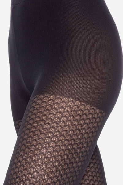 Close-up of the Lorien tights' chevron pattern where it meets the opaque brief panel.