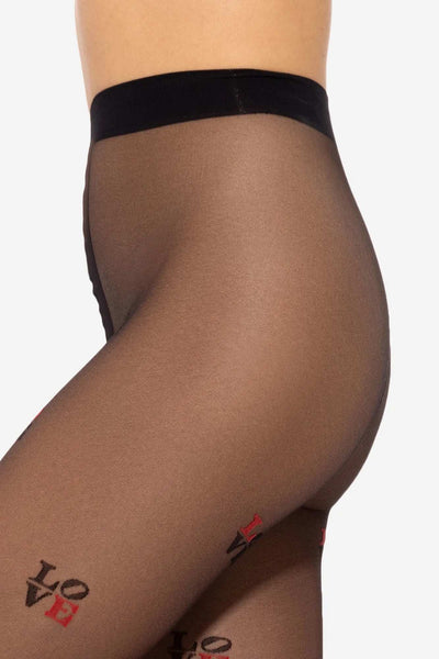 Waistband close-up of GATTA Lovely Patterned Tights 20 DEN, nero black with red LOVE design


