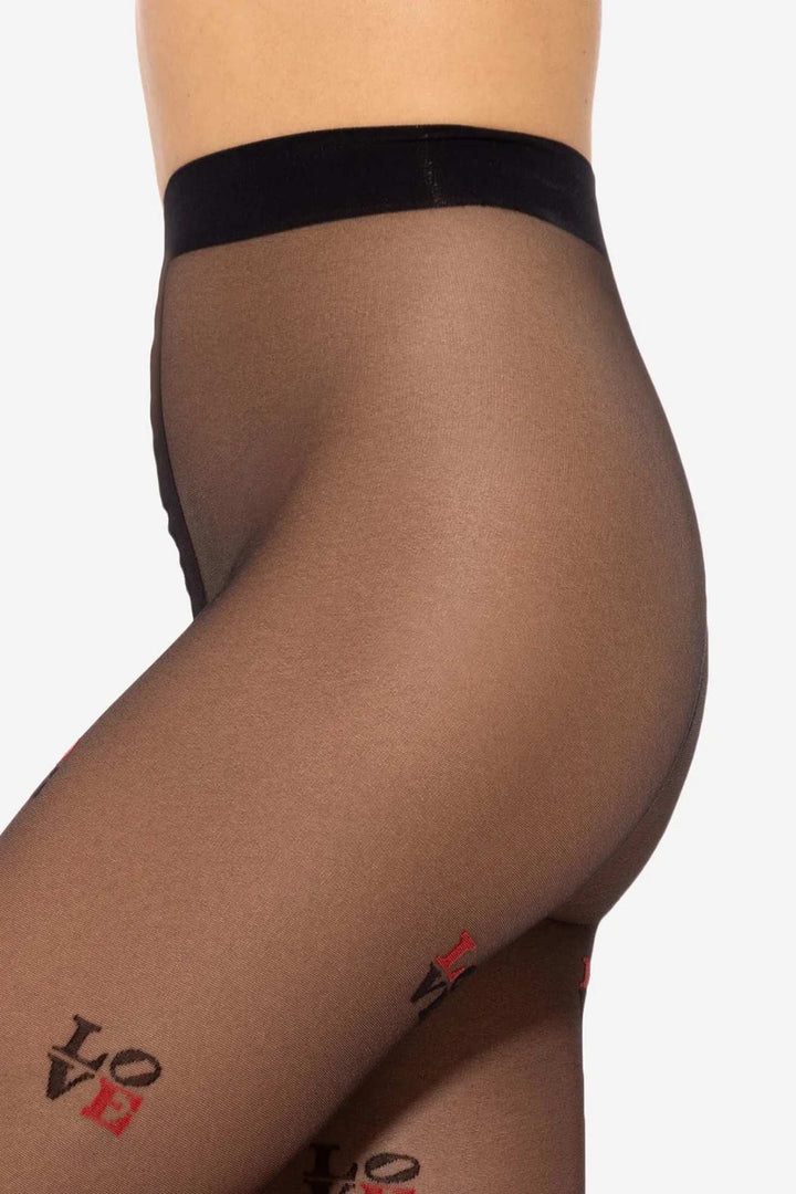 Waistband close-up of GATTA Lovely Patterned Tights 20 DEN, nero black with red LOVE design

