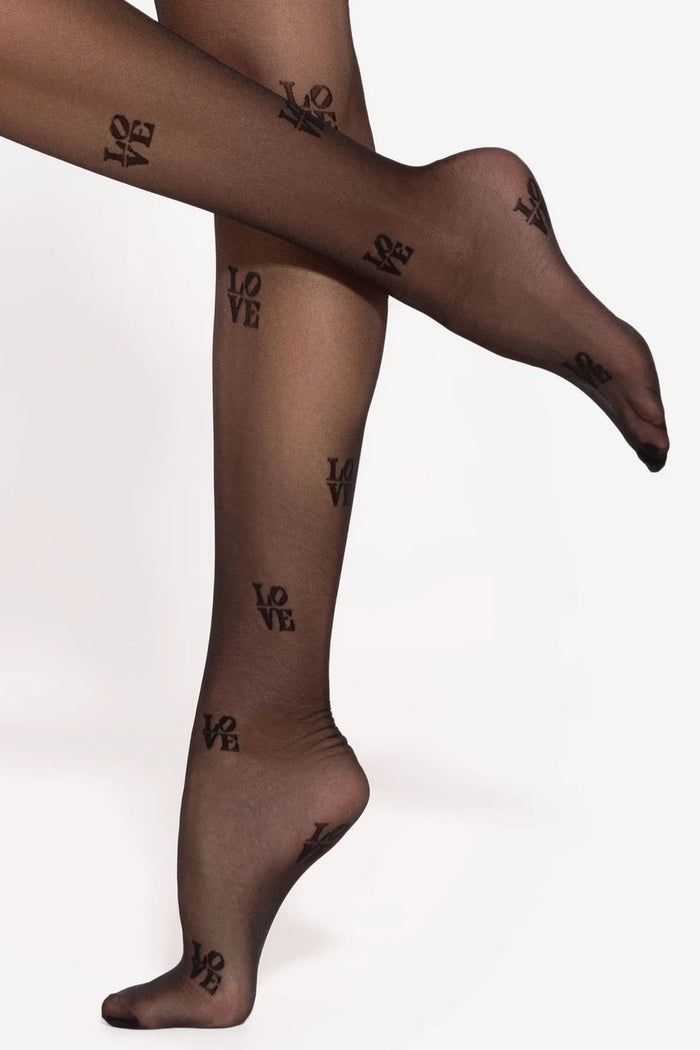 GATTA Lovely Patterned Tights 20 DEN – all-black sheer tights with LOVE pattern, leg detail
