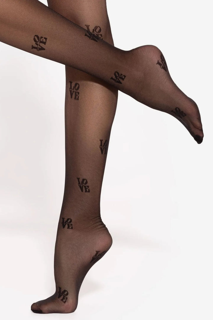 GATTA Lovely Patterned Tights 20 DEN – all-black sheer tights with LOVE pattern, leg detail
