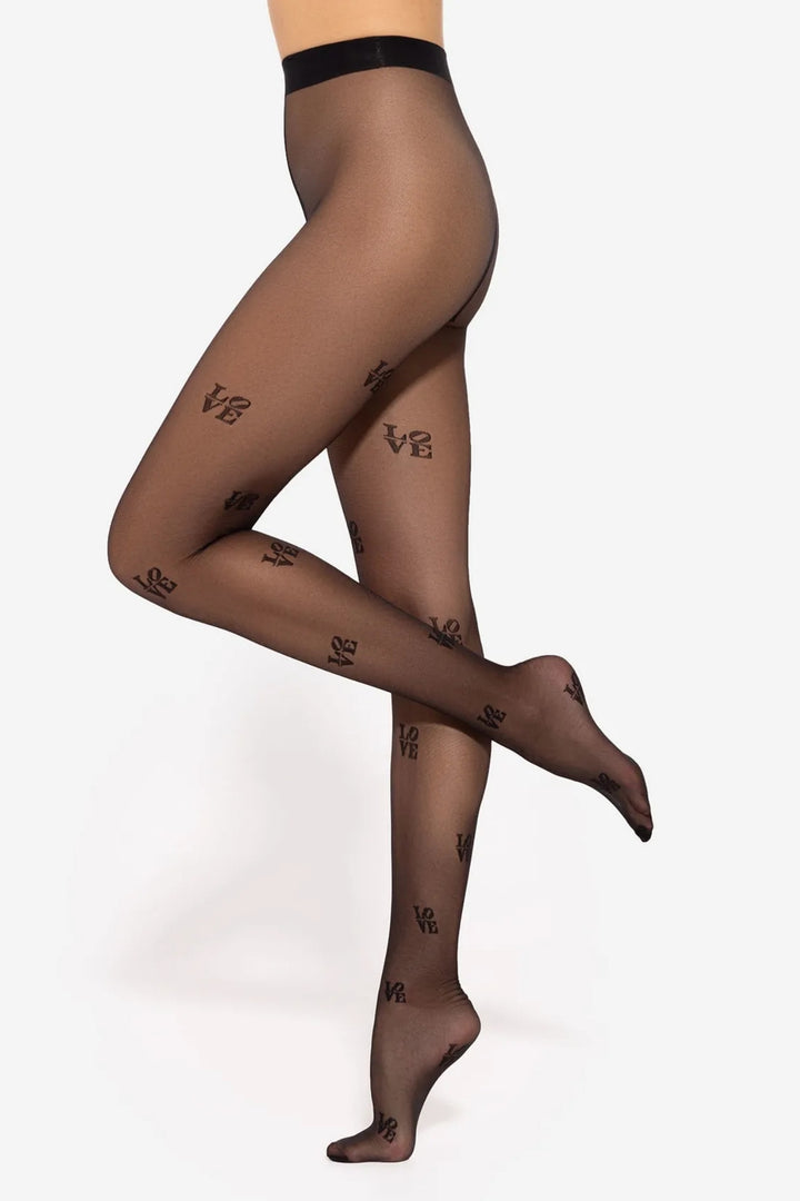 Nero black GATTA Lovely 20 DEN patterned tights with LOVE design, side profile view
