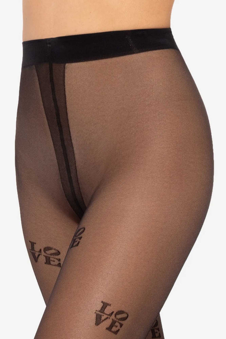 Waistband detail of sheer GATTA Lovely Patterned Tights 20 DEN with black LOVE pattern
