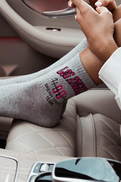 Close-up of Spanties Los Angeles melange cotton socks – "Los Angeles" lettering detail on soft cotton

