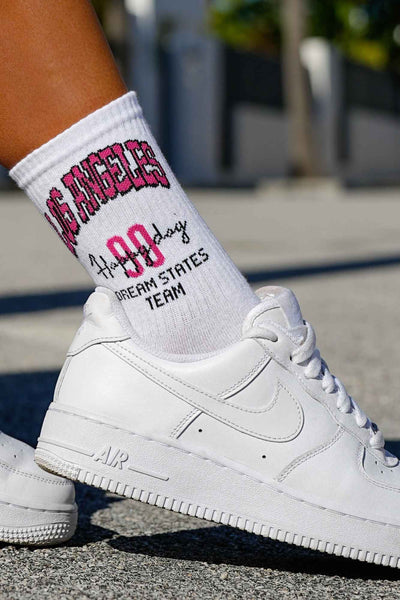 Close-up of Spanties Los Angeles white cotton socks – "Los Angeles" lettering detail on cotton fabric
