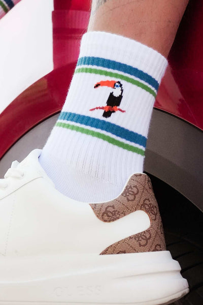 Close-up of white men's cotton socks – colourful toucan print detail on soft breathable fabric
