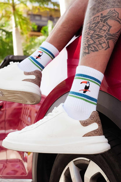 White men's cotton socks with toucan pattern – side view showing tropical bird print and ankle fit
