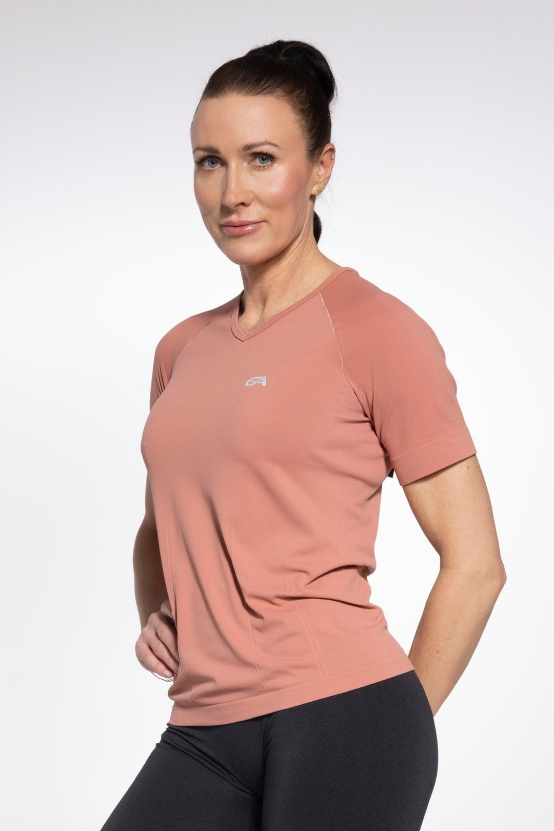 Living Coral women's sports T-shirt front view, round neckline
