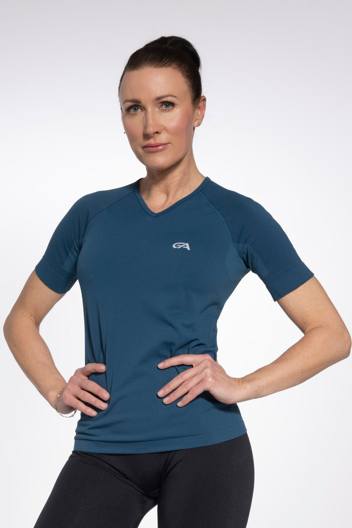 Smeraldo teal women's sports T-shirt front view, round neckline
