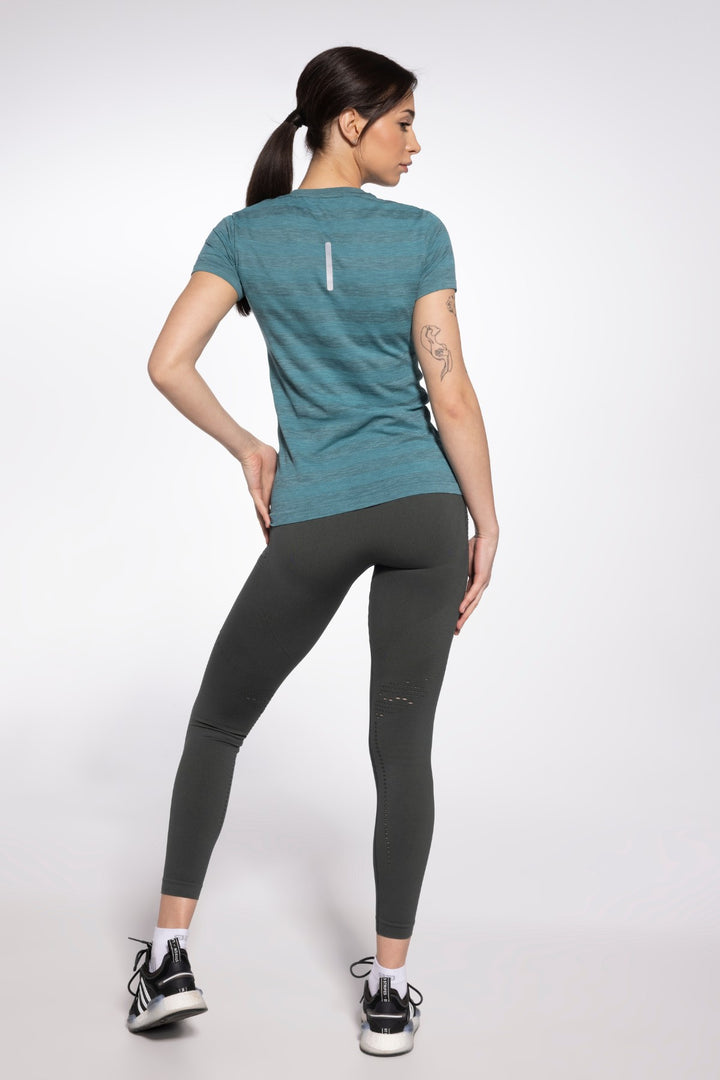Green activewear T-shirt back view, full length
