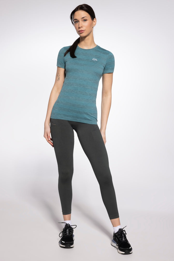 Green seamless sports top front view, full length
