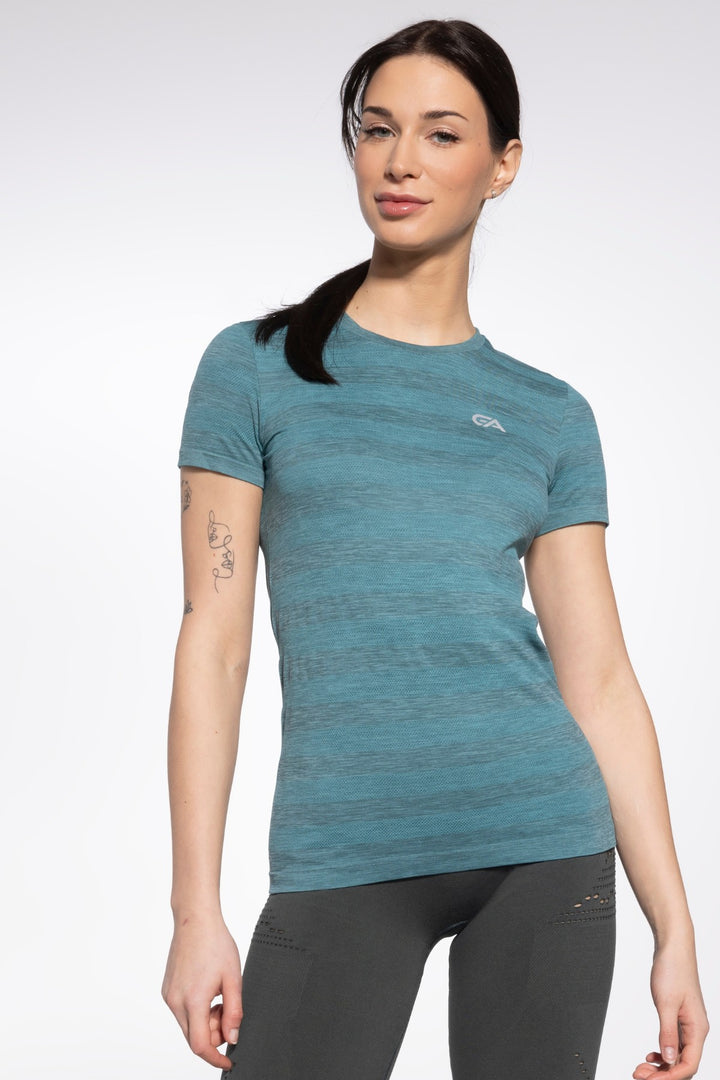 Green seamless sports T-shirt front view, round neckline
