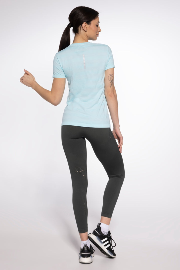 Light blue training top back view, full length
