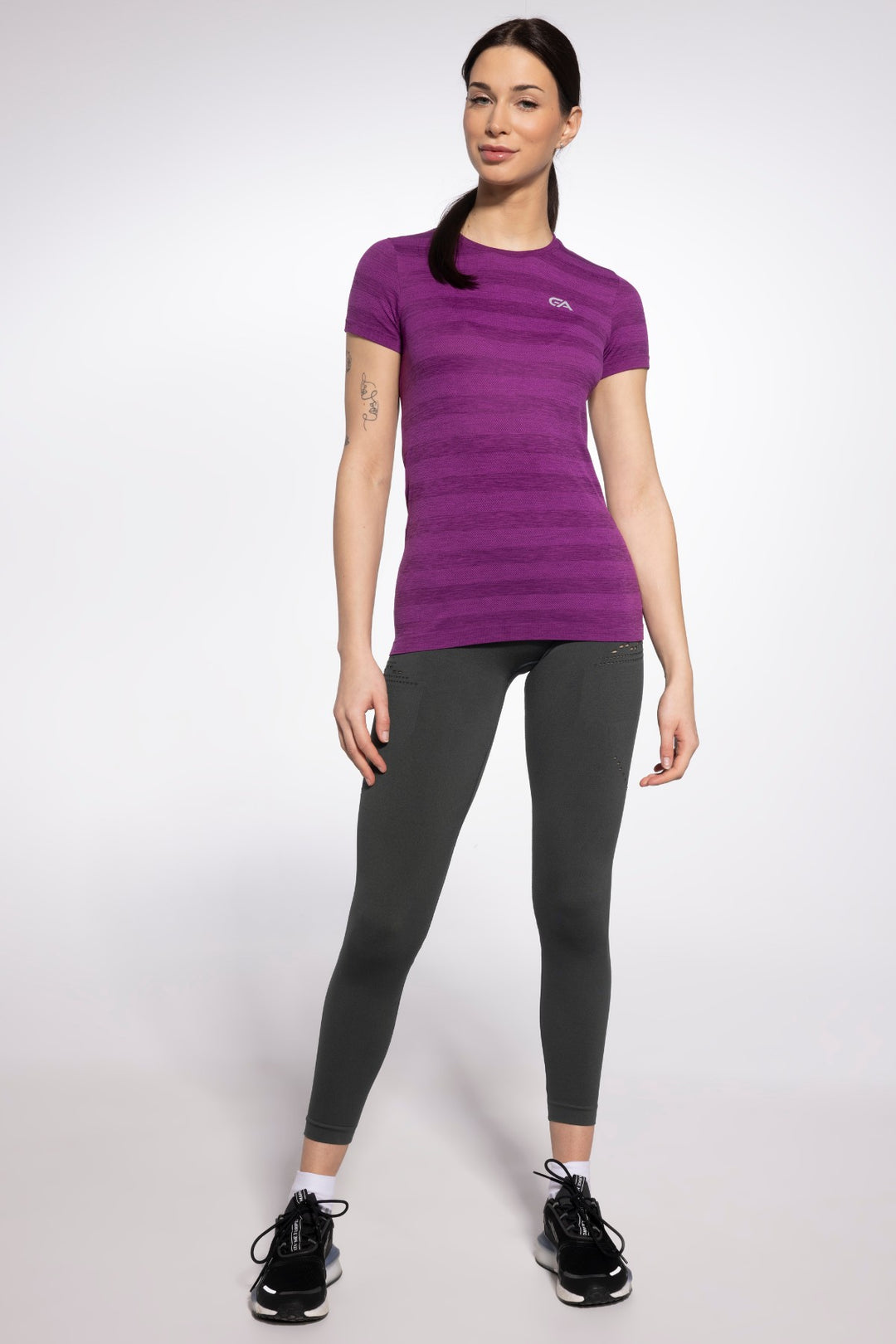 Purple activewear T-shirt front view, full length
