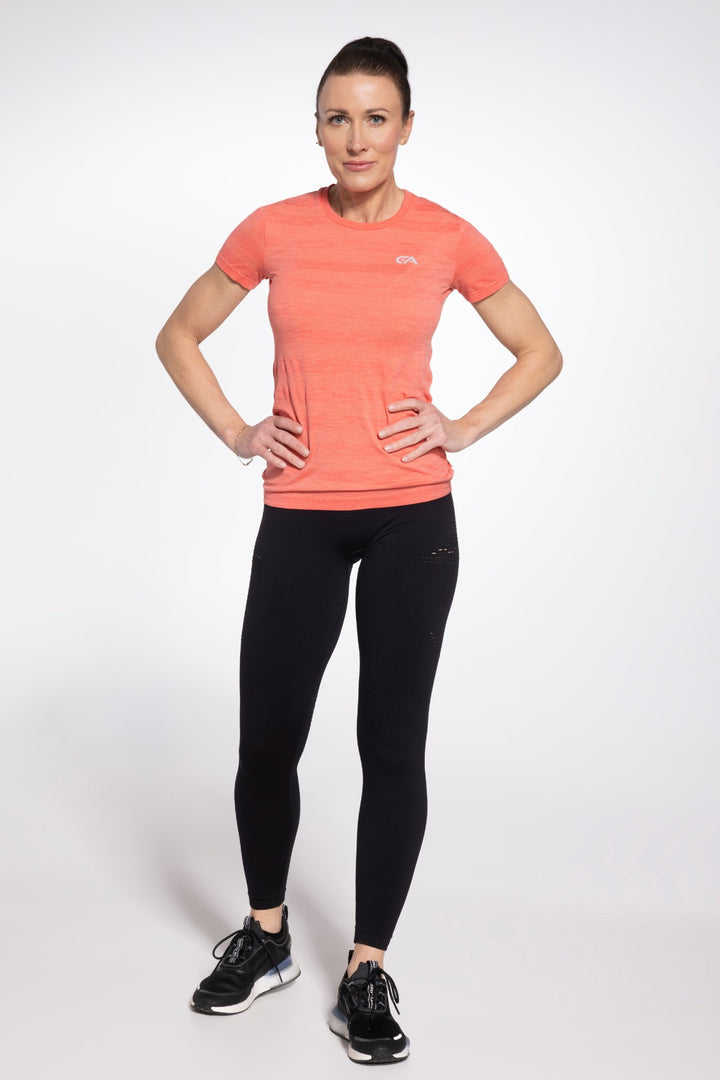 Living Coral women's activewear T-shirt front view, full length

